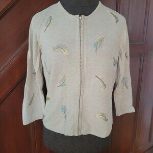 Hand-Embroidered Womens Cardigan With Feather Design & Full Zip Beige Cotton